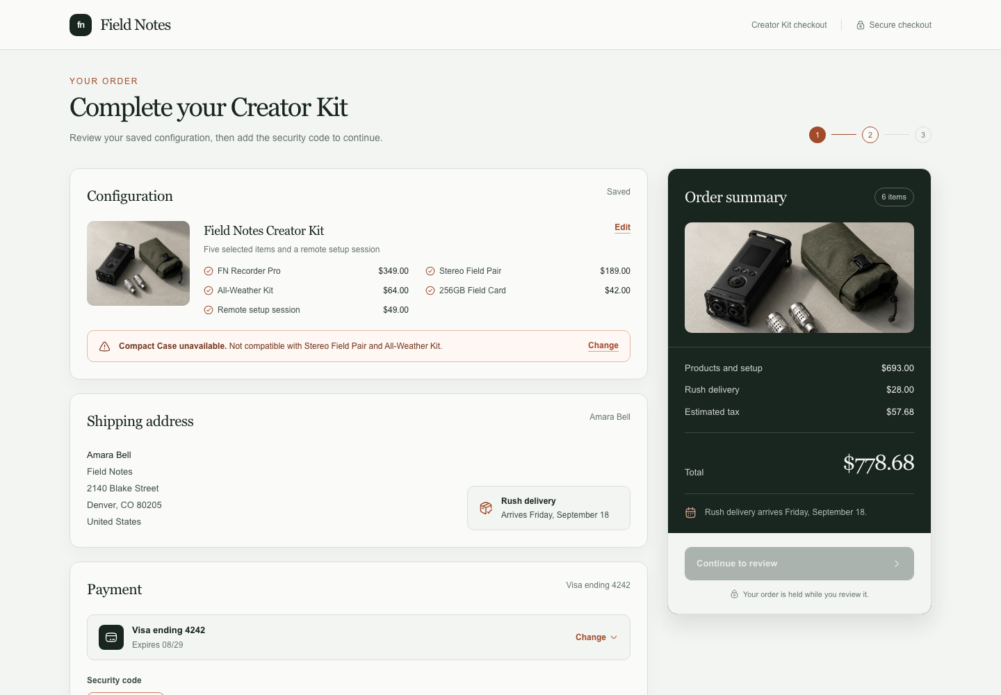 Configurable product checkout, Model + skill, GPT-5.6 Luna (High), High-Agency Frontend