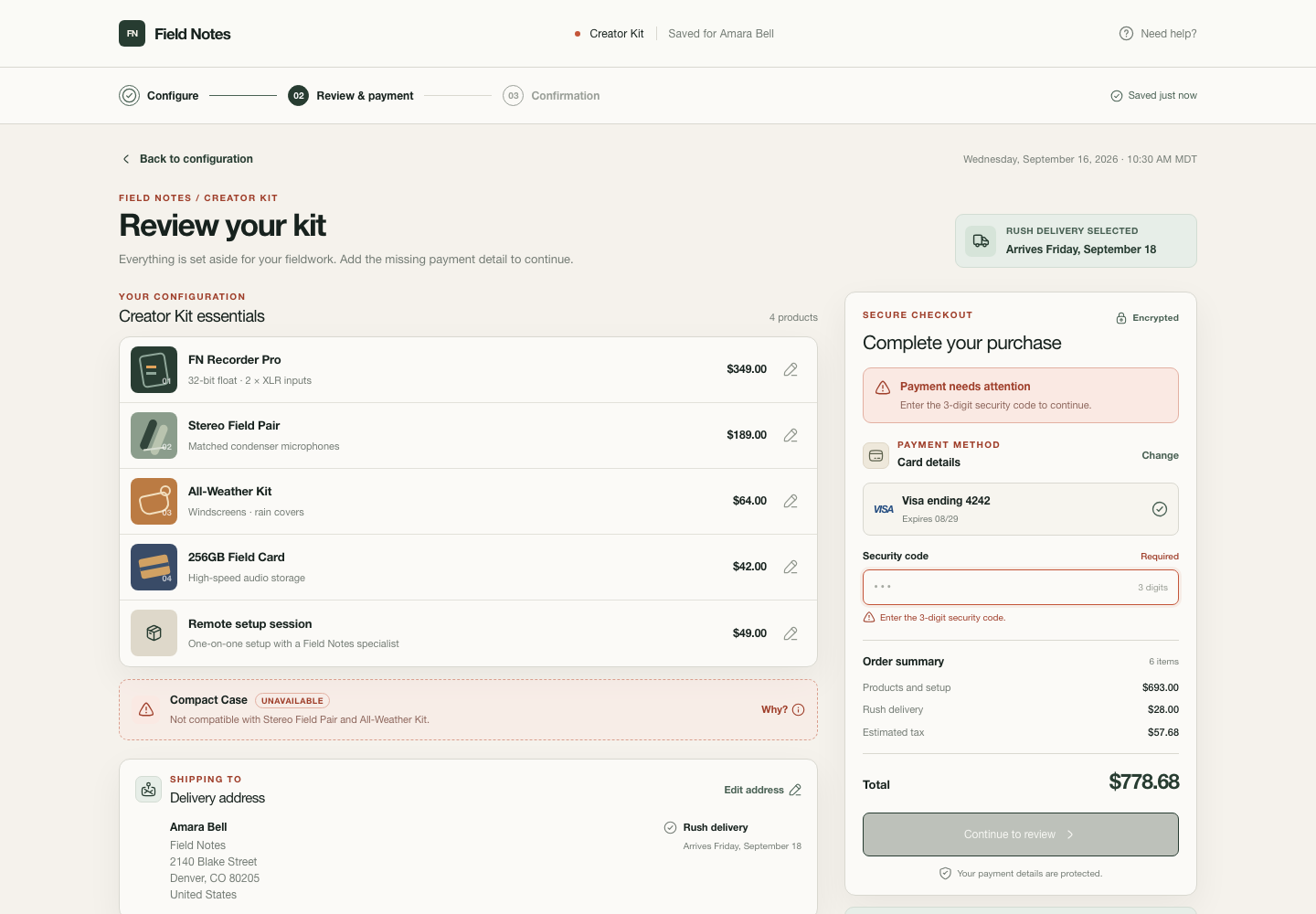 Configurable product checkout, Model + skill, GPT-5.6 Luna (High), Emil Design Engineering