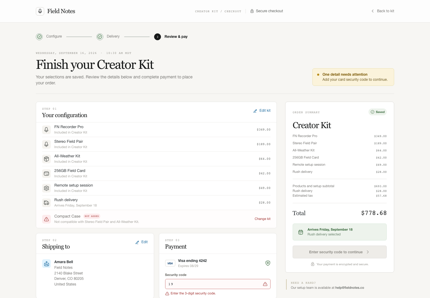 Configurable product checkout, Model + skill, GPT-5.6 Luna (High), Premium Utilitarian Minimalism