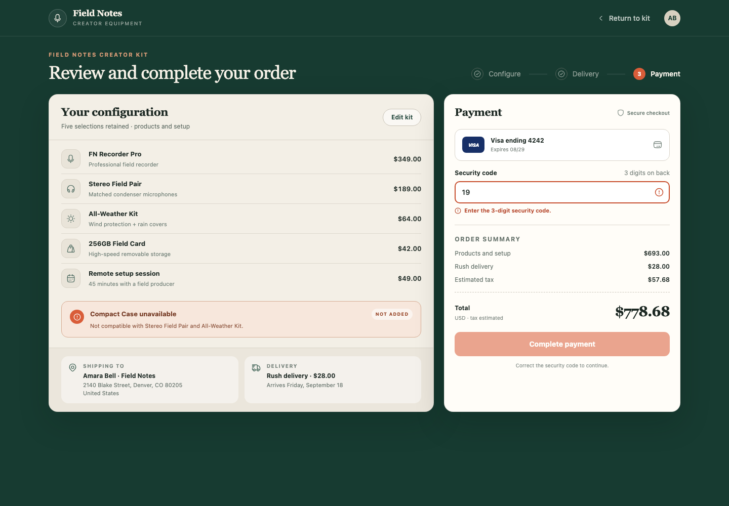 Configurable product checkout, Model + skill, GPT-5.6 Sol (Medium), Emil Design Engineering