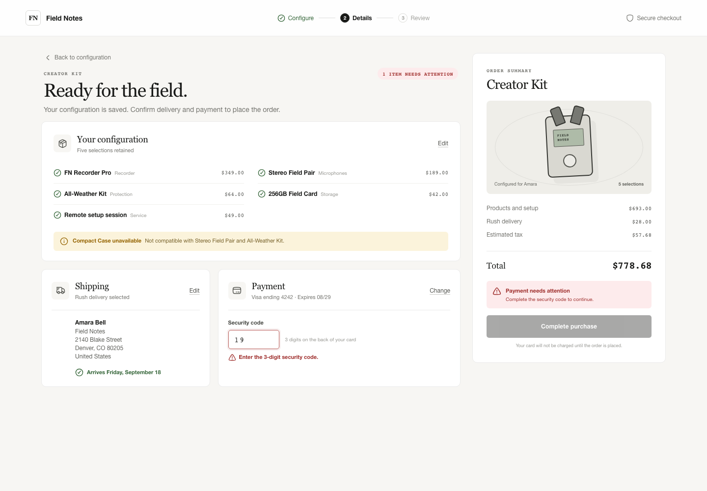 Configurable product checkout, Model + skill, GPT-5.6 Sol (Medium), Premium Utilitarian Minimalism