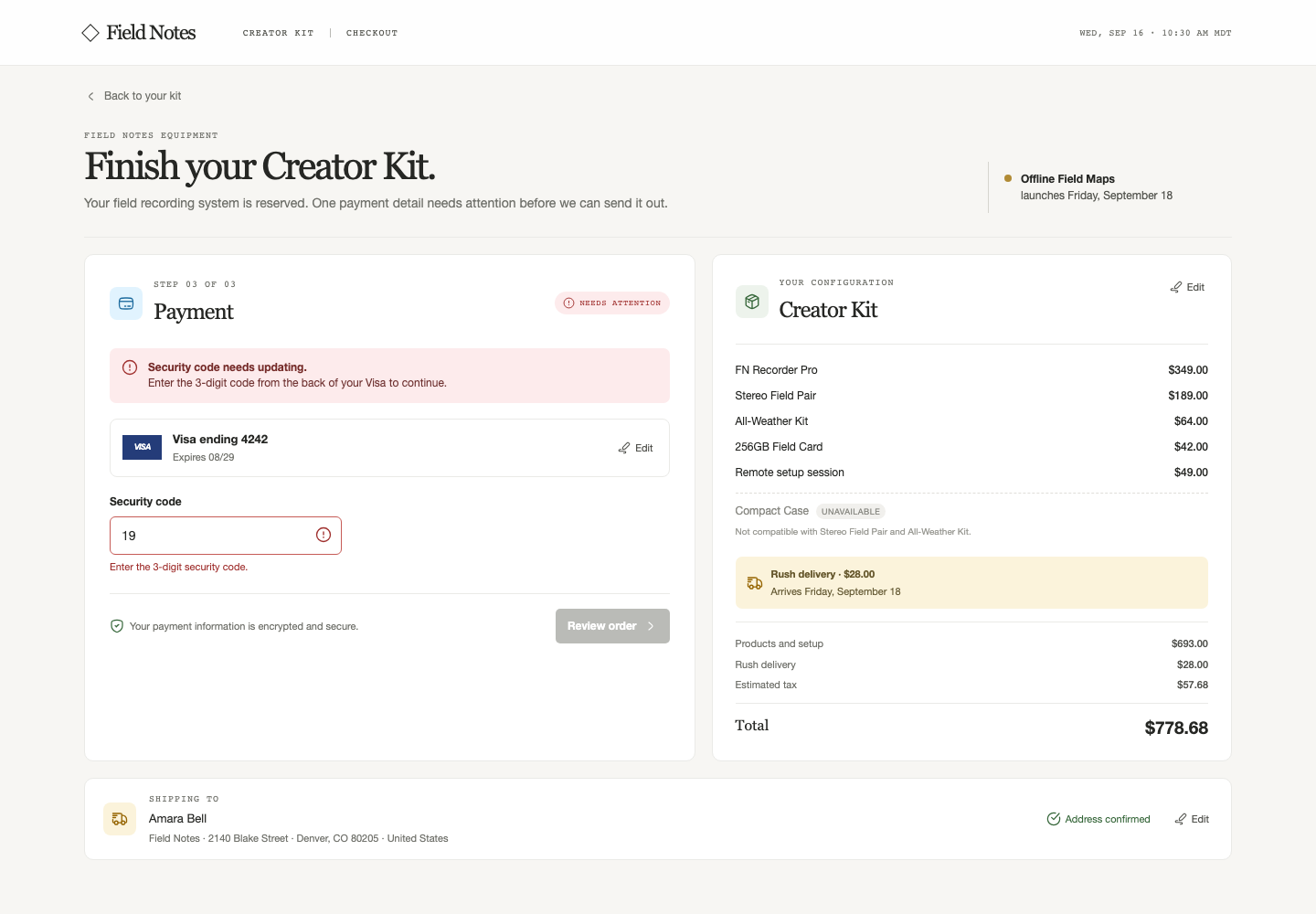 Configurable product checkout, Model + skill, GPT-5.6 Terra (Medium), Premium Utilitarian Minimalism