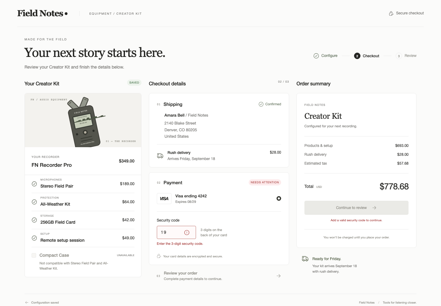 Configurable product checkout, Model + skill, GPT-6 Astra (Low), Premium Utilitarian Minimalism