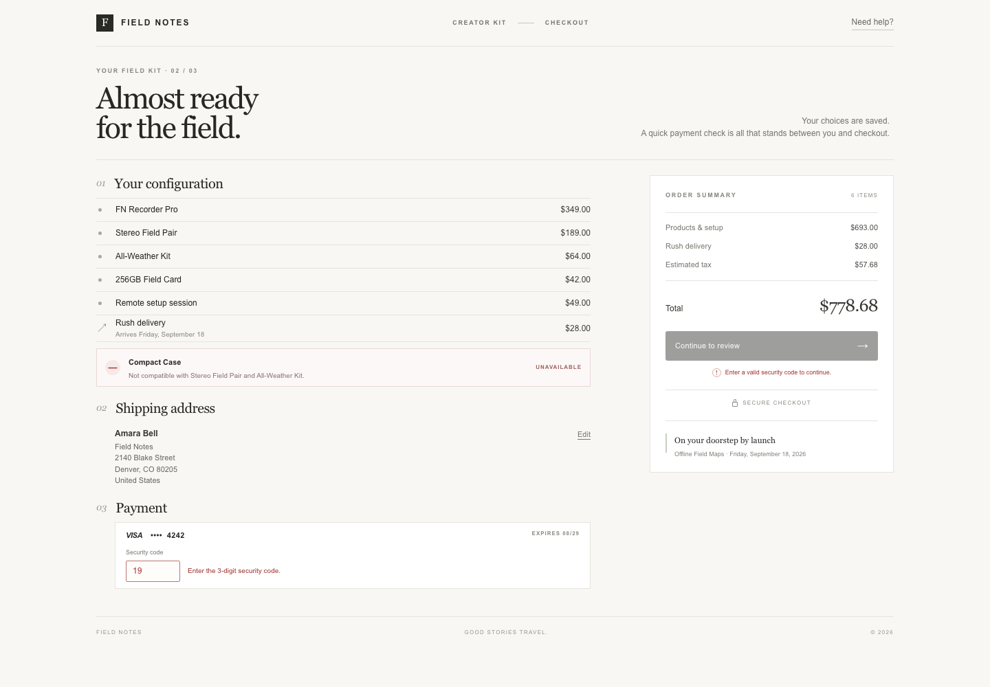 Configurable product checkout, Model + skill, GPT-6 Luna (Medium), Premium Utilitarian Minimalism
