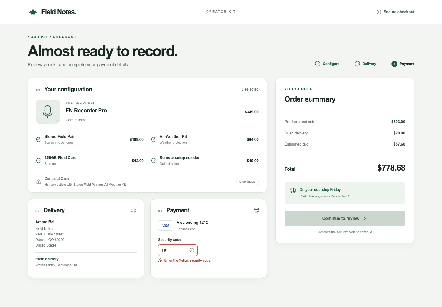 Configurable product checkout, Model + skill, GPT-6 Sol (High), High-Agency Frontend