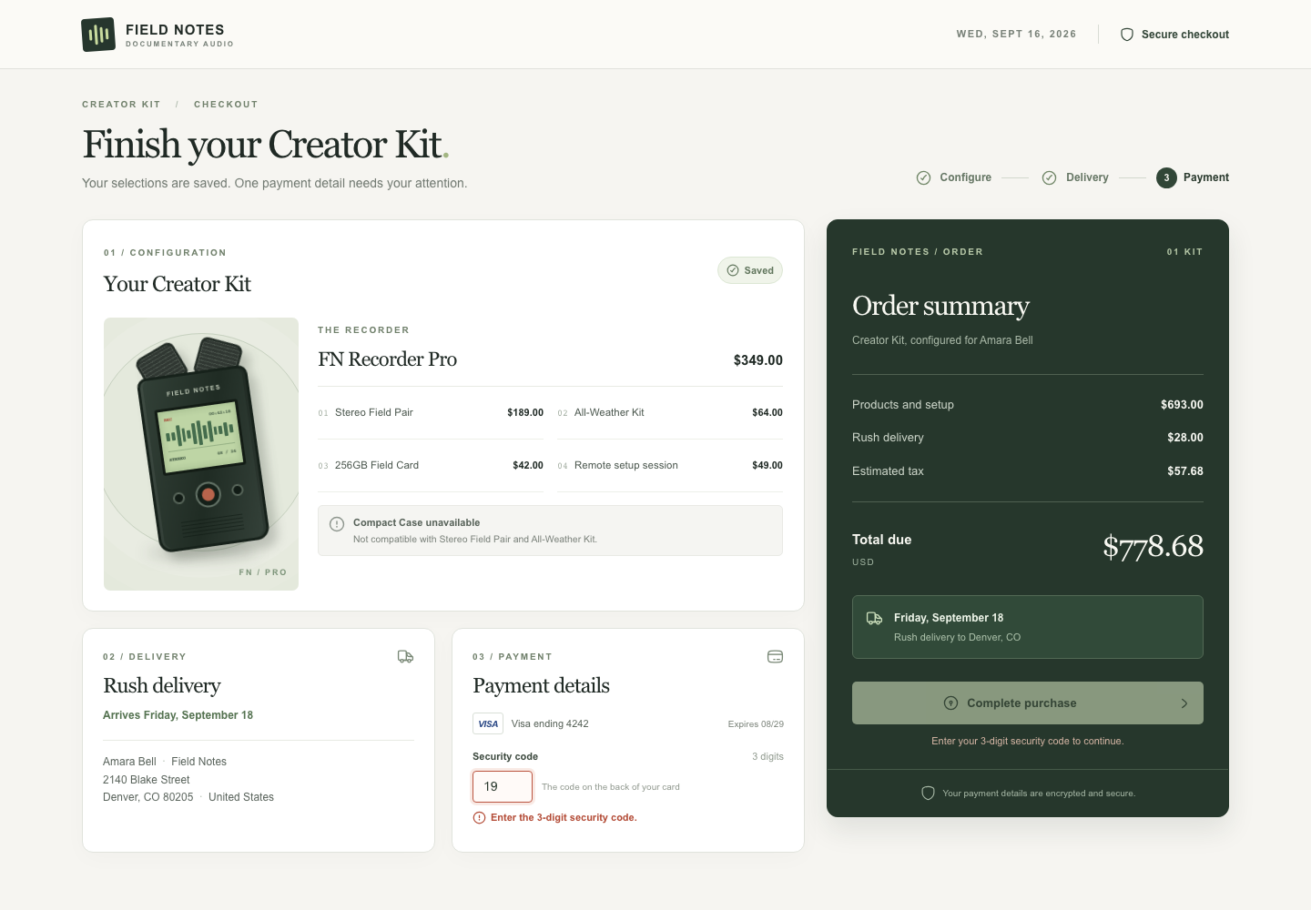 Configurable product checkout, Model + skill, GPT-6 Sol (High), Emil Design Engineering