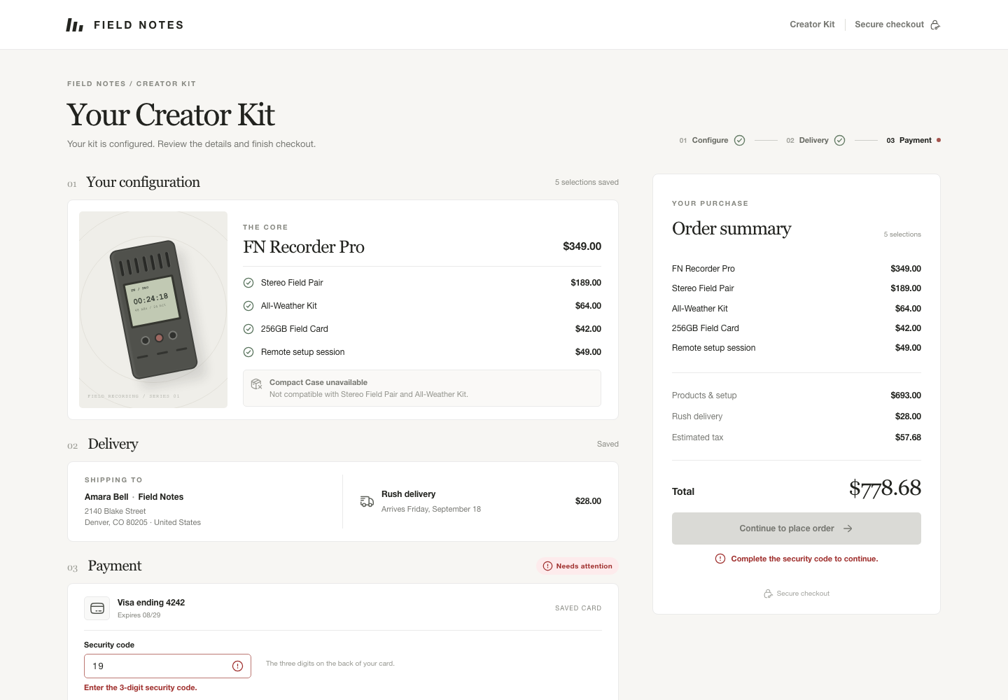 Configurable product checkout, Model + skill, GPT-6 Sol (High), Premium Utilitarian Minimalism