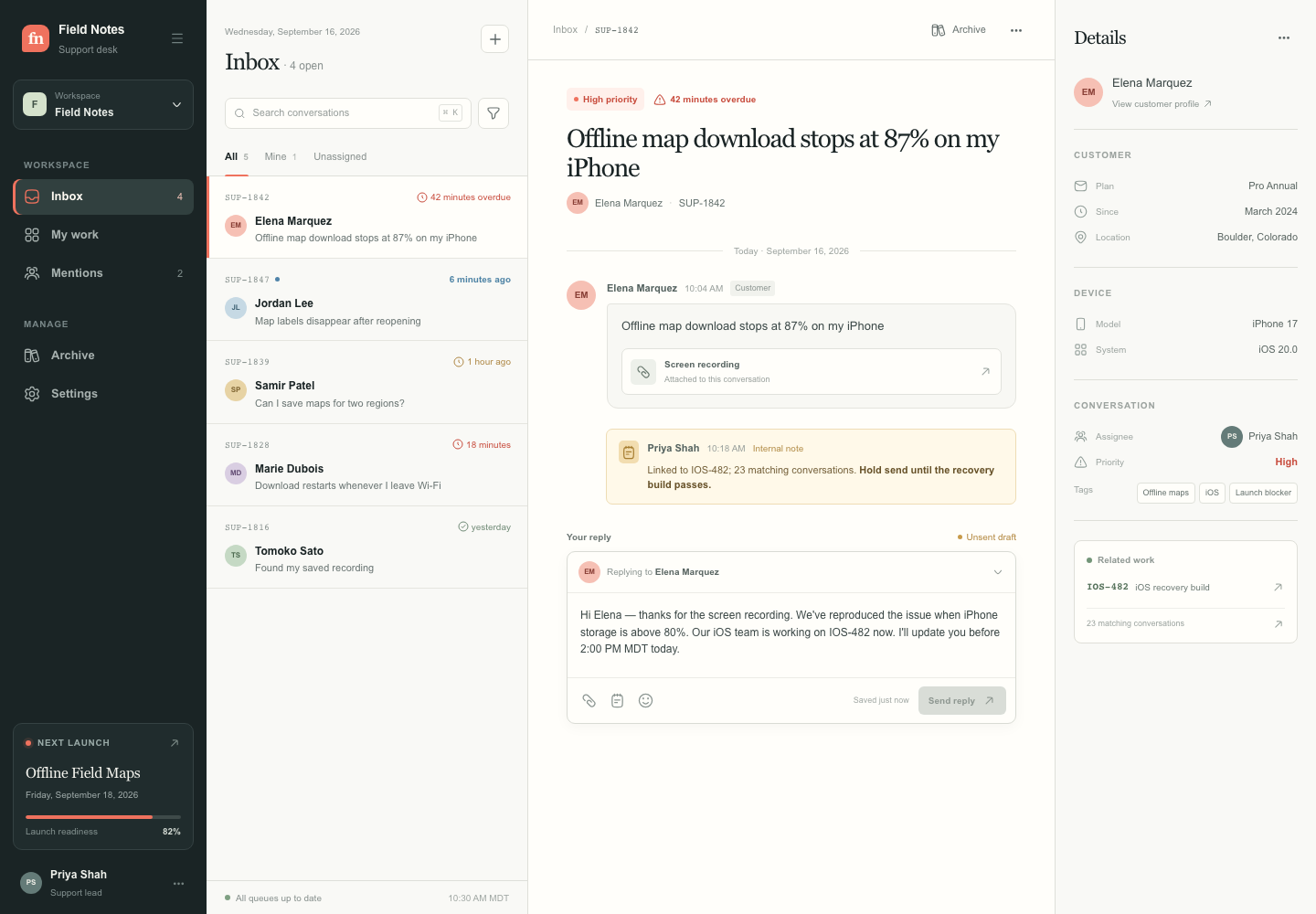 Customer support inbox, Model + skill, GPT-5.6 Luna (High), Emil Design Engineering