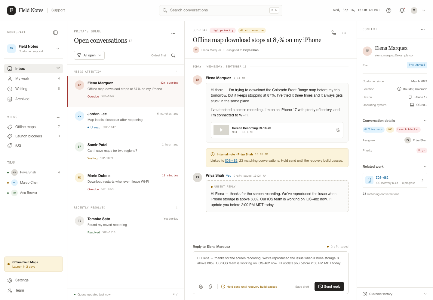 Customer support inbox, Model + skill, GPT-5.6 Luna (High), Premium Utilitarian Minimalism