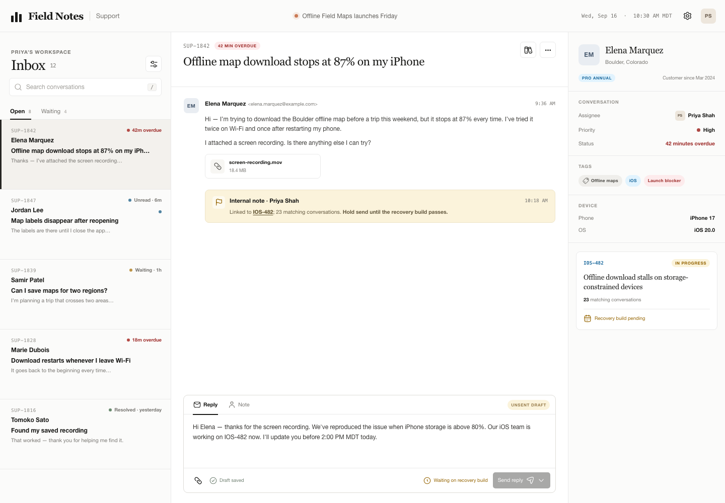 Customer support inbox, Model + skill, GPT-5.6 Sol (Medium), Premium Utilitarian Minimalism