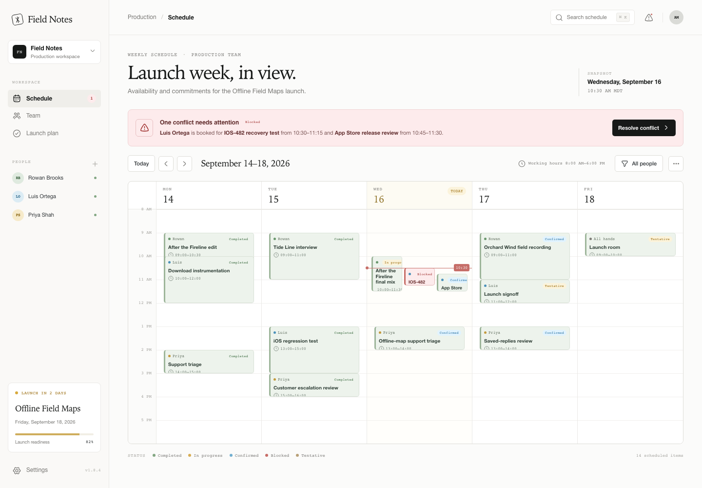 Responsive team scheduling, Model + skill, GPT-5.6 Luna (High), Premium Utilitarian Minimalism
