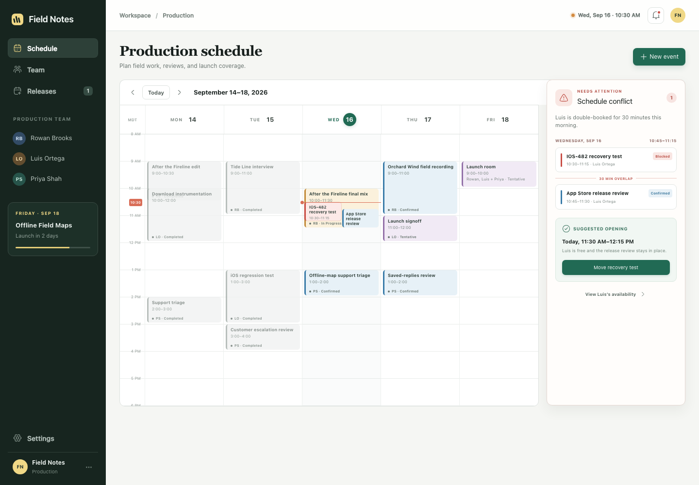 Responsive team scheduling, Model + skill, GPT-5.6 Sol (Medium), Emil Design Engineering