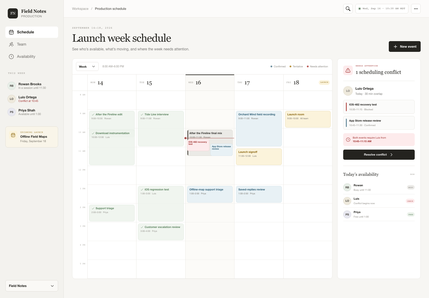 Responsive team scheduling, Model + skill, GPT-5.6 Sol (Medium), Premium Utilitarian Minimalism