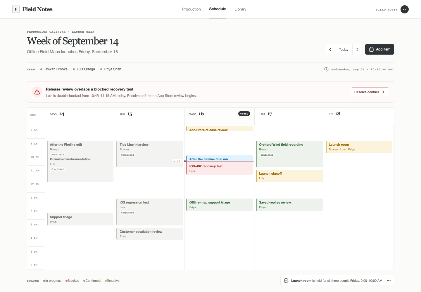 Responsive team scheduling, Model + skill, GPT-5.6 Terra (Medium), Premium Utilitarian Minimalism