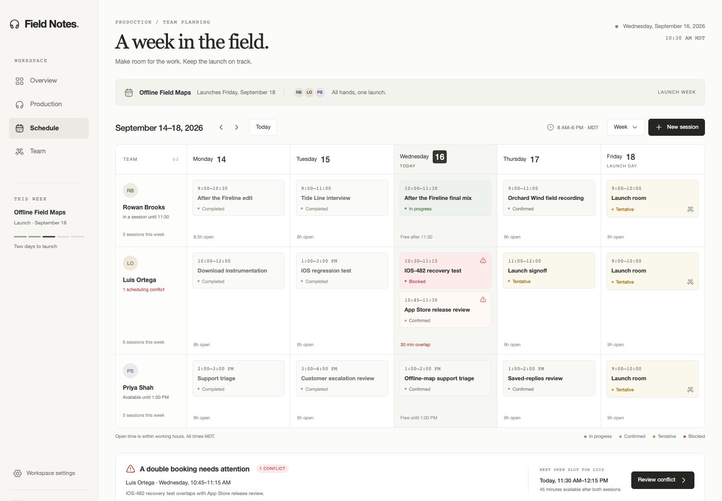 Responsive team scheduling, Model + skill, GPT-6 Astra (Low), Premium Utilitarian Minimalism