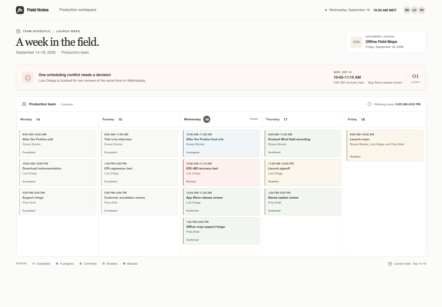 Responsive team scheduling, Model + skill, GPT-6 Luna (Medium), Premium Utilitarian Minimalism