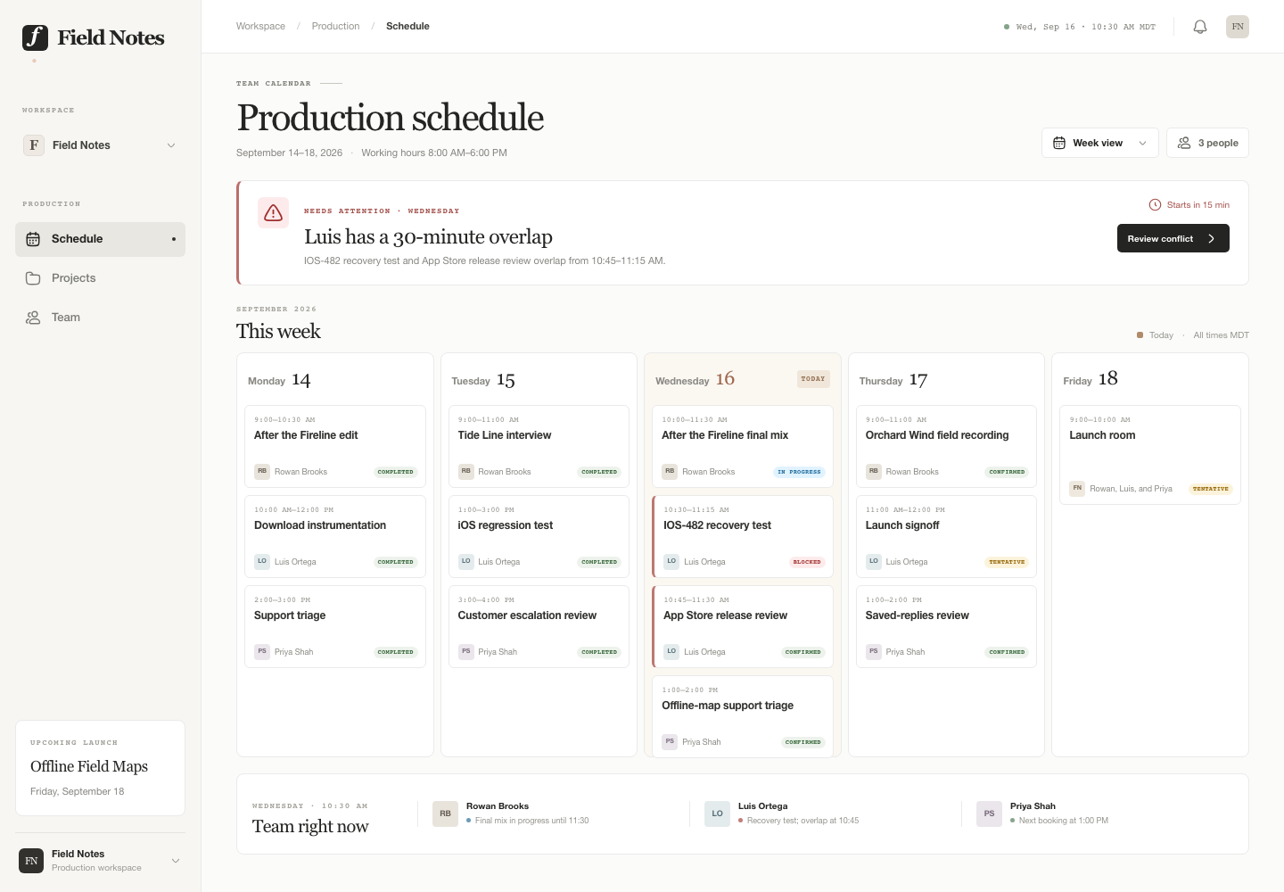 Responsive team scheduling, Model + skill, GPT-6 Sol (High), Premium Utilitarian Minimalism