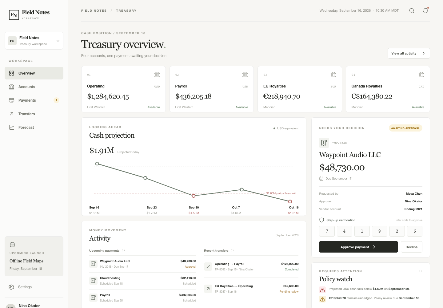 Treasury operations console, Model + skill, GPT-6 Sol (High), Premium Utilitarian Minimalism